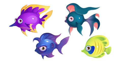 Wall Mural - Cute cartoon fish with fin and smiling lips. Vector illustration set of funny sea or ocean animal characters. Aquarium or marine underwater creature collection. Aquatic bottom wildlife habitats