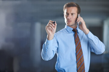 Poster - Businessman, writing and planning on glass with pen for notes of phone call, ideas or strategy for future. Virtual, communication and man problem solving on window, screen and contact with cellphone
