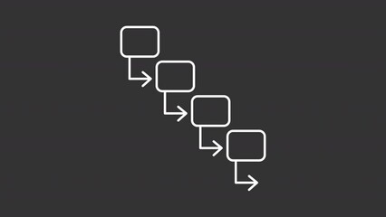 Poster - Waterfall model white line animation. Flowchart animated icon. Sequential tasks. Workflow plan. Project management. Isolated illustration on dark background. Transition alpha video. Motion graphic