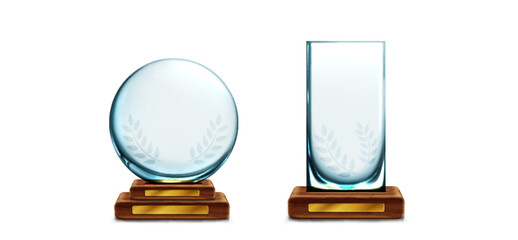 Poster - glass trophy with laurel on wood stand with golden plate. realistic vector set of transparent plexig
