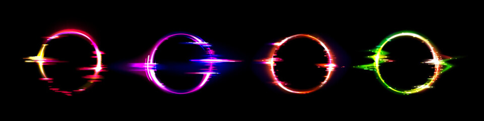 Poster - neon circle frame with glitch effect. realistic vector illustration set of retro futuristic ring des