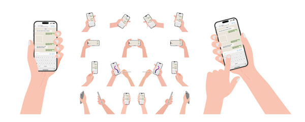 Poster - A set of hands holding a smartphone both horizontally and vertically on a social messenger. The smart phone is being operated using a finger to touch the messenger and keyboard. Vector.