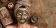 Stylish portrait of charming woman in luxury spa with clay face mask, copyspace, professional photo