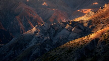 Wall Mural - A twilight scene with the last light of day casting long shadows over a mountainous terrain, highlighting the contours and textures of the rugged landscape.