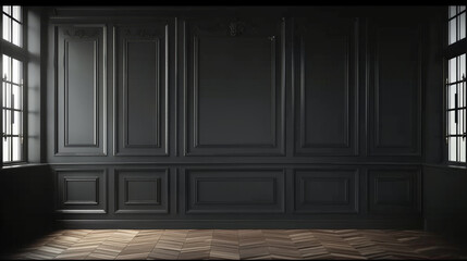 empty room with black wood wall panels background with wooden floor,Luxury wood paneling background or texture. highly crafted classic or traditional wood paneling, with a frame pattern, 