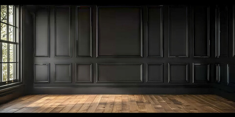 empty room with black wood wall panels background with wooden floor,Luxury wood paneling background or texture. highly crafted classic or traditional wood paneling, with a frame pattern, 