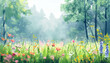 Rural spring landscape with a river and green meadows. Vector watercolor illustration
