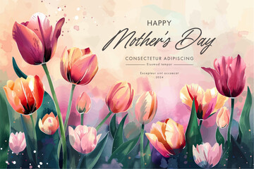 Poster - Vector watercolor banner with beautiful flowers framed for mother's day. Feliz dia de la madre