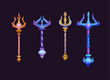 Poseidon or Neptune magic trident for game ui design. Cartoon vector illustration set of various metallic spear with pitchfork decorated with ornaments and gemstones. Greek god or devil weapon.