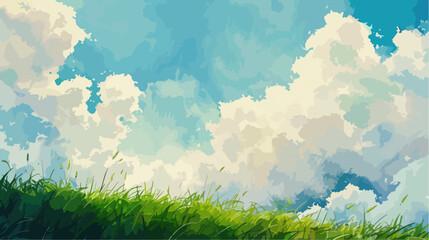 Rural spring landscape with a river and green meadows. Vector watercolor illustration