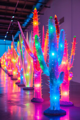 Poster - An avant-garde installation featuring exaggerated, geometric thorns painted in vibrant, neon colors,