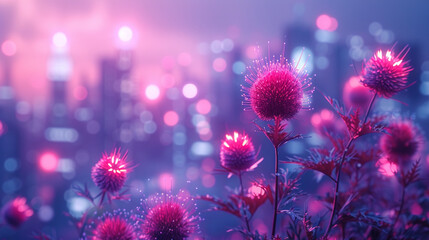 Poster - An abstract, digital art rendering of burdock in neon colors, set against a futuristic cityscape,
