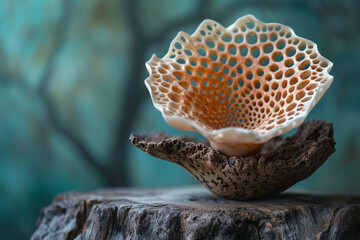 Poster - An abstract, burdock burr sculpture crafted from recycled materials, displayed in a chic, eco-friendly setting,
