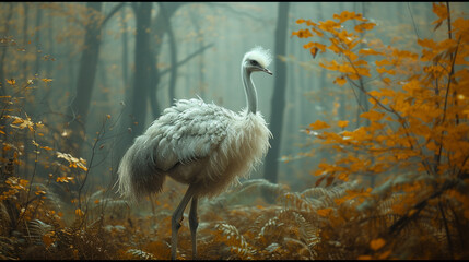 Poster - A whimsical, fairy-tale ostrich with soft, ethereal feathers, set in an enchanted, high-fashion forest,