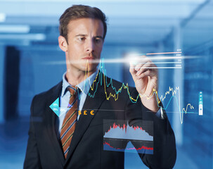 Poster - 3D, hologram and businessman writing on graphs for software technology with information. Futuristic, career and professional male finance analyst planning investment statistics with chart display.