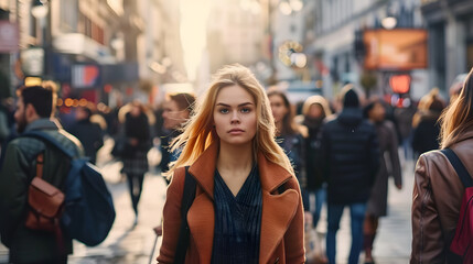 Poster - Woman walking on a bustling city street filled with diverse individuals going about their day.