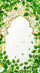 Wall Mural - Islamic frame with spring leaves and white background