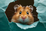 Fototapeta  - Brown hamster peeks out of a hole in torn paper close-up.