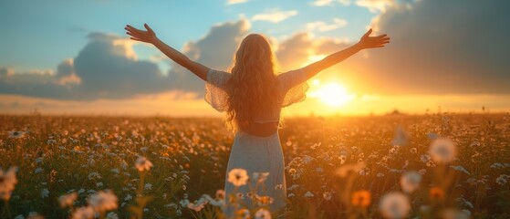 Joyful woman in dress dances in sunset meadow. Young woman dancing in summer field with flowers.