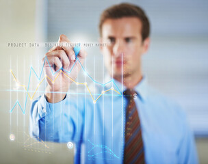 Poster - Abstract, hologram and businessman writing on graphs for software technology with information. Futuristic, career and professional finance analyst planning investment statistics with 3d chart display