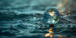 A drop in the shape of a blab planet falls into the water, breaking a ripple in the water, concept World Water Day  A transparent glass globe in a water and dark background   
