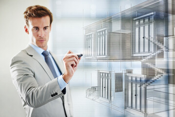Poster - Architecture, planning and drawing on digital hologram for floor building, innovation and work on project. Businessman, professional and illustration for design with tech and graphic for workplace