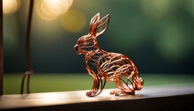Rabbit Bent Wire Figure On Blurred Backdrop, Abstract Wire Hare Creative Figures, Art And Imagination Intersection.