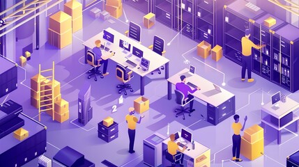 Aufkleber - Modern office space in isometric style, detailed concept of workspace with employees. vibrant colors depicting productivity and teamwork. AI