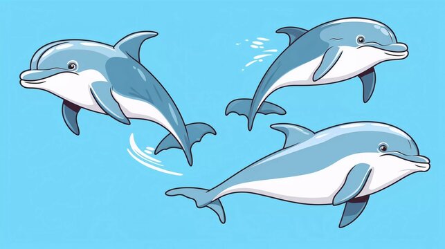 Set of three different cute dolphins. Black and white colors. Colorful trendy Vector Illustration