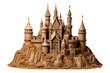 Sand Castle. A sand castle stands prominently showcasing intricate details and sturdy construction. The castle appears well built. On PNG Transparent Clear Background.