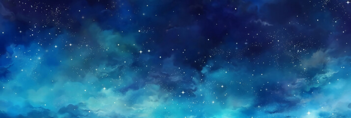 Wall Mural - blue watercolor space background with stars, milky way, nebula, galaxy, cosmos milky way, blu background banner