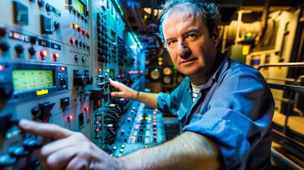 An engineer in a control room hands over a console with electric currents flowing between his fingers and the controls interfacing directly with the power network