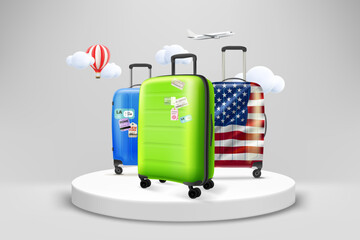 Poster - Showcase with travel bags. World travel concept. 3d vector illustration 