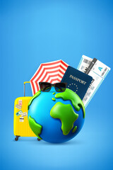Poster - Summer vacation concept with the Earth and travel elements. 3d vector banner with copy space