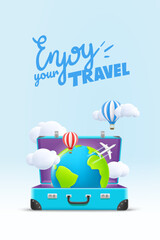 Poster - Blue suitcase with the Earth. World travel concept with calligraphic inscription. 3d vector illustration
