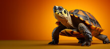 A Portrait Shot Of A Turtle In Front Of An Orange Background On A Yellow Background.