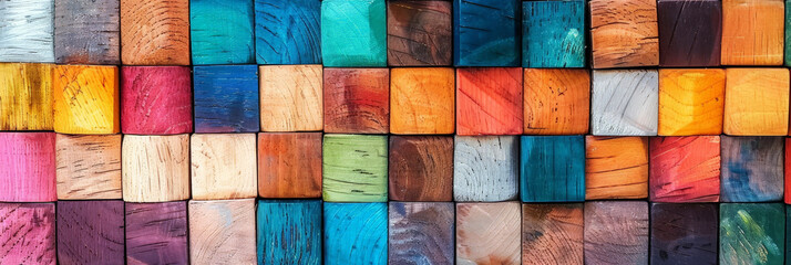 Wall Mural - colorful wooden blocks arranged in a pattern background, abstract background wallpapers, rainbow wood blocks background,geometrics,Black yellow red blue green pink teal beige orange gold 3d wooden