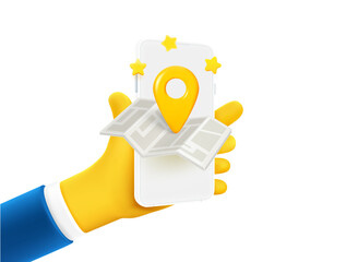 Poster - Businessman holding smartphone with map app on the screen. 3d vector illustration