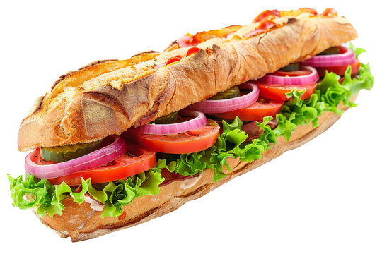 Fresh Sub Sandwich With Lettuce, Tomato, and Onion. A sub sandwich with a generous amount of freshly sliced lettuce, ripe tomato slices, and crisp onion rings. On PNG Transparent Clear Background.