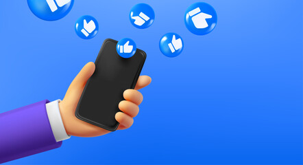 Aufkleber - Man using social media mobile application on smartphone. Comic 3d vector banner with copy space
