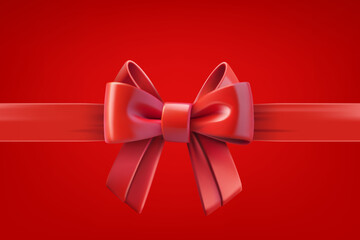 Aufkleber - Red ribbon with bow on red background. 3d vector design template

