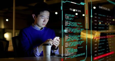 Poster - Animation of digital data processing on screens over asian man using smartphone
