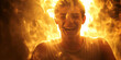 A man is laughing in front of a fire, with fire behind him, fire-breathing.