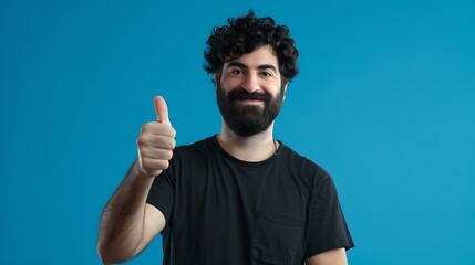 Poster - Smiling bearded man in black t-shirt giving thumbs up. casual style, positive expression, blue background. studio portrait. AI