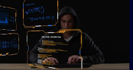 Sticker - Animation of digital data processing on screens over caucasian man using laptop