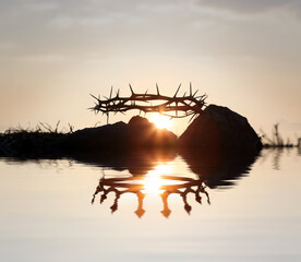 Wall Mural - The crown of thorns symbolizing the suffering and trials of Jesus Christ and the crown of heaven reflected in the water, Passion Week and Easter background
