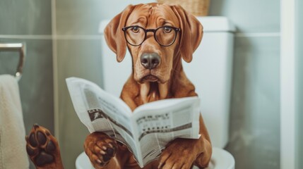 Wall Mural - A dog wearing glasses sits on a toilet reading a newspaper. Generative AI.