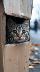 Poster - A cat peeks out of a cardboard box. Generative AI.