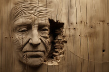 A Sculpture Of An Old Man's Face, A Tortured Face Made Of Wood, A Wood Sculpture.
