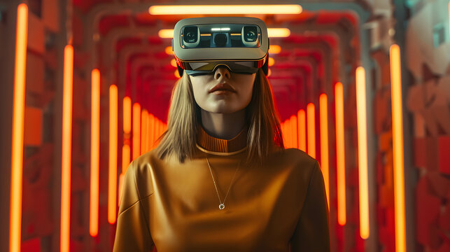 Stylish girl model in virtual reality glasses on a futuristic background. Concept: future technologies, virtual communication and travel through the metaverse. Online shopping and dating.